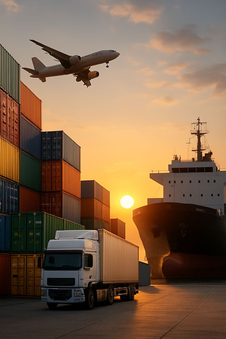 Plane flying over stacked containers and a cargo ship at sunset